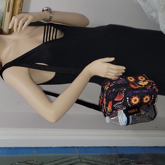 Black with flowers crossbody bag. Canvas holds bottle water. - Picture 7 of 8